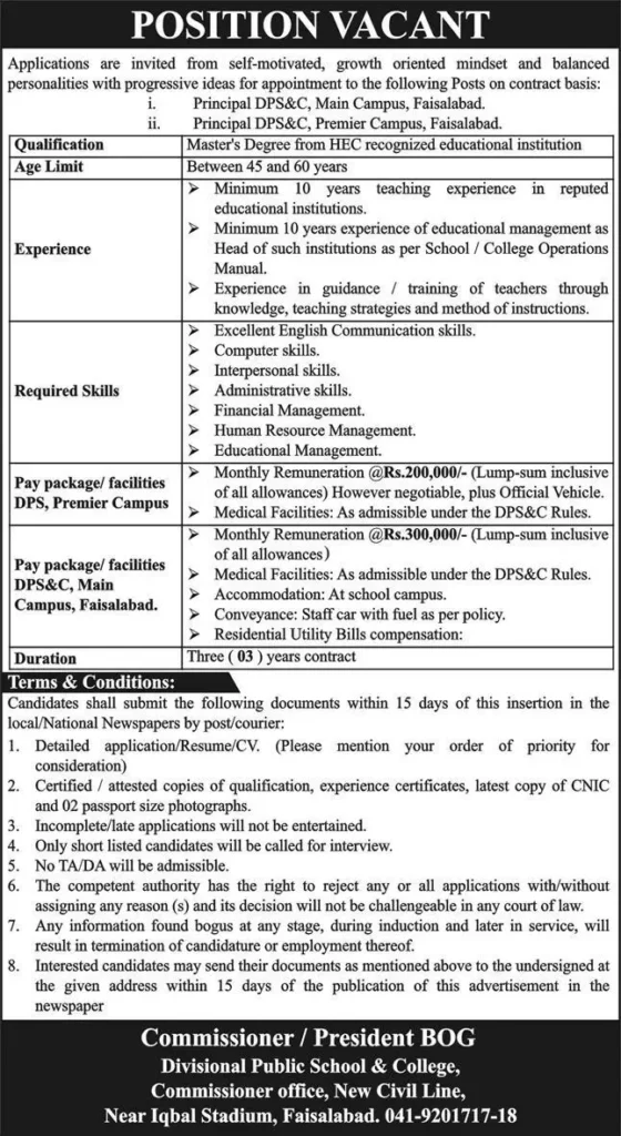 Divisional Public School & College Faisalabad Job 2025