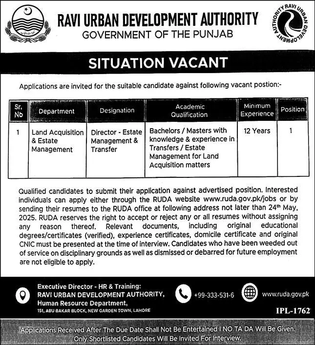 Ravi Urban Development Authority RUDA Lahore Jobs 2025